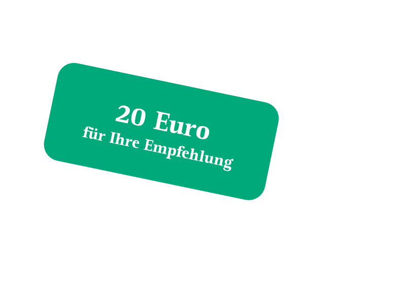 Grüner rechteckiger Kasten in dem steht: 20 Euro für Ihre Empfehlung