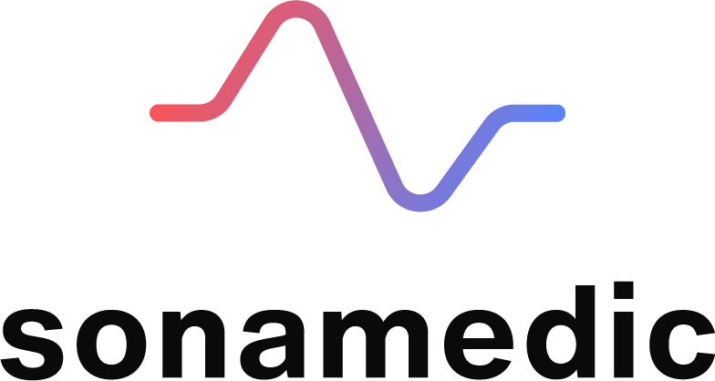 Logo: schwarzer Text Sonamedic mit Bild eines Herzschlags darüber